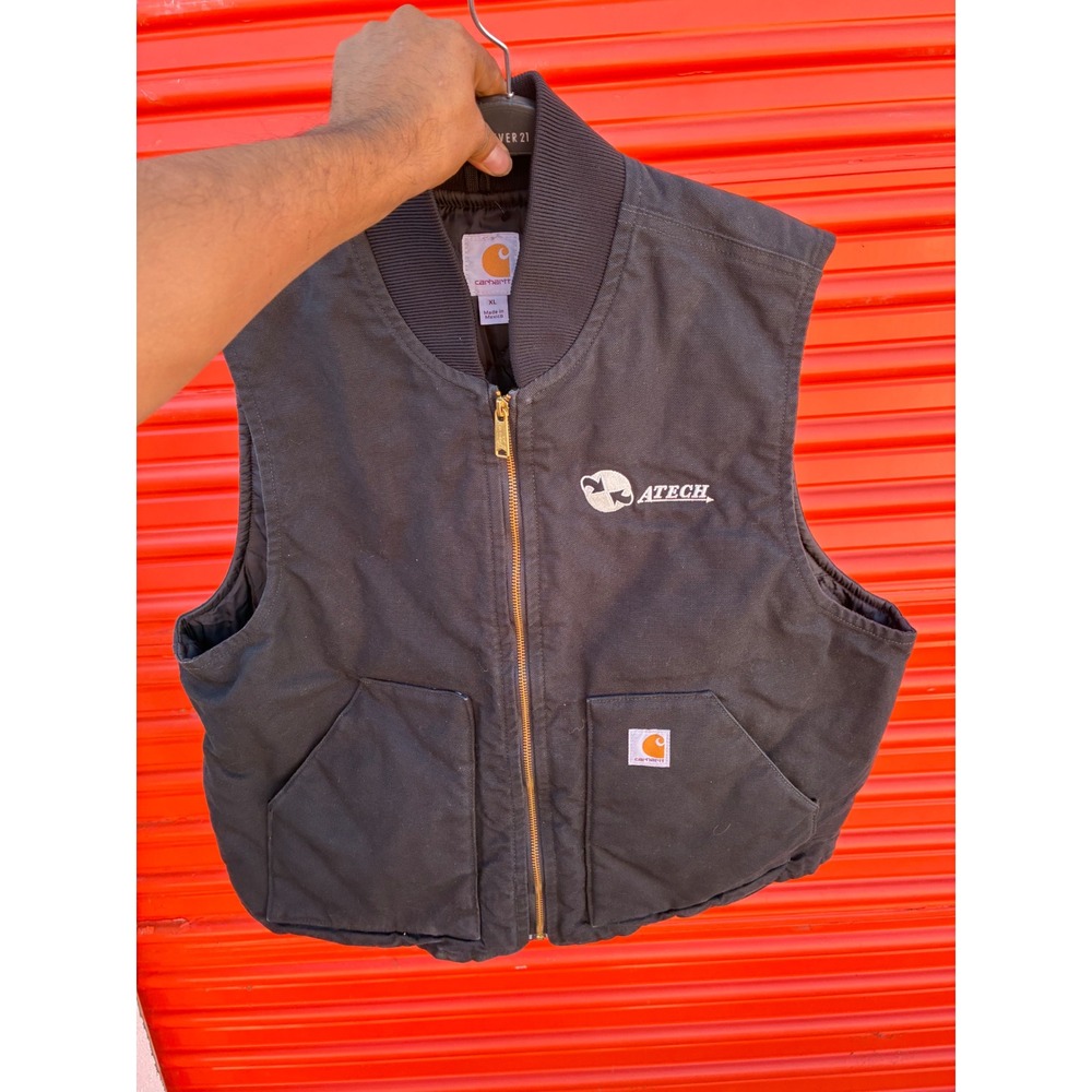 Carhartt Mens XL Black Duck Canvas Quilted Lined Vest V01 ATECH Logo Workwear
